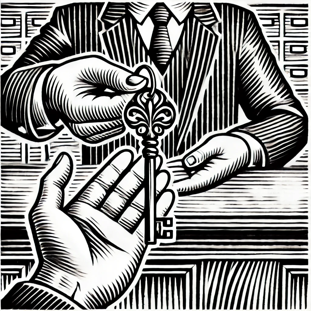 Handing over a key, woodcut style